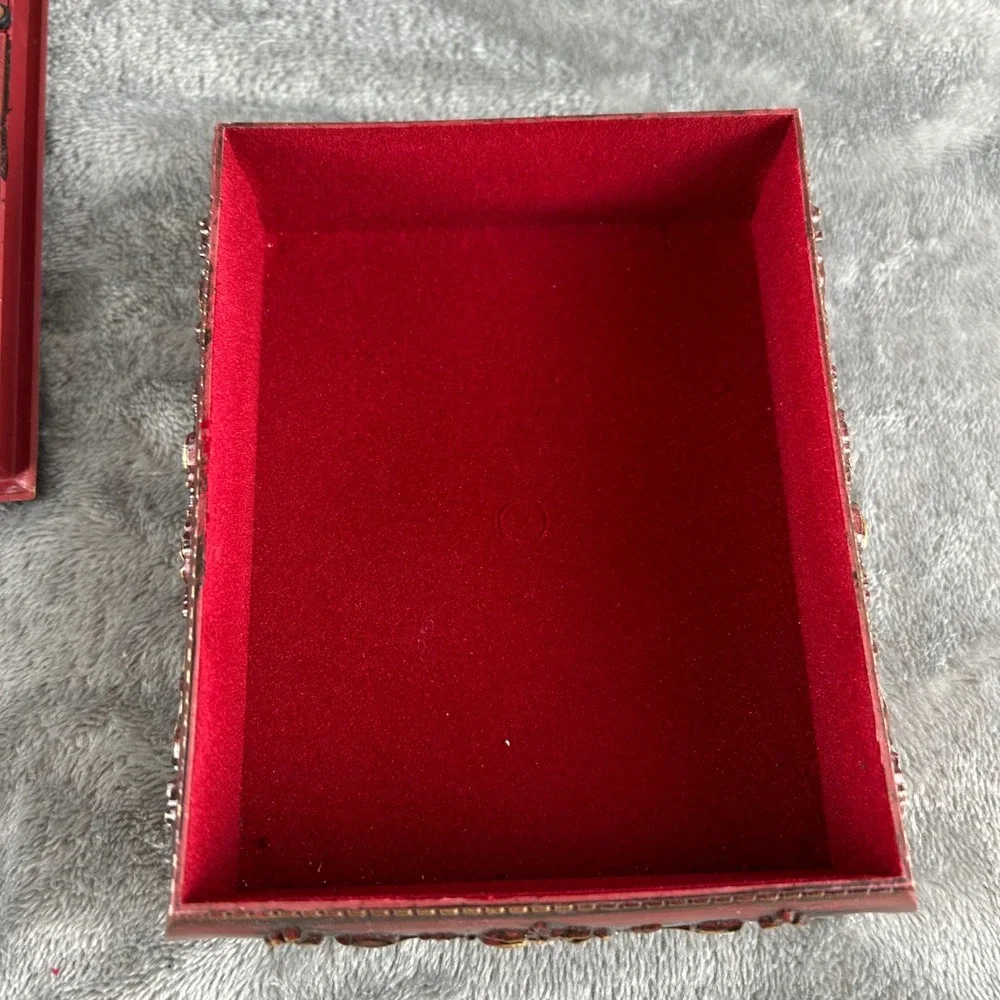 Vintage Style Red Gold Floral Jewelry Box Picture Frame Lid Keepsake Trinket Box